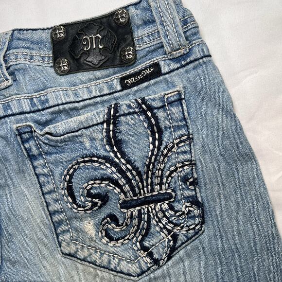 Miss Me Shorts Size 30 Blue Boot Cutoff Distressed Embellished Fleur-De-Lis Logo - Picture 11 of 11
